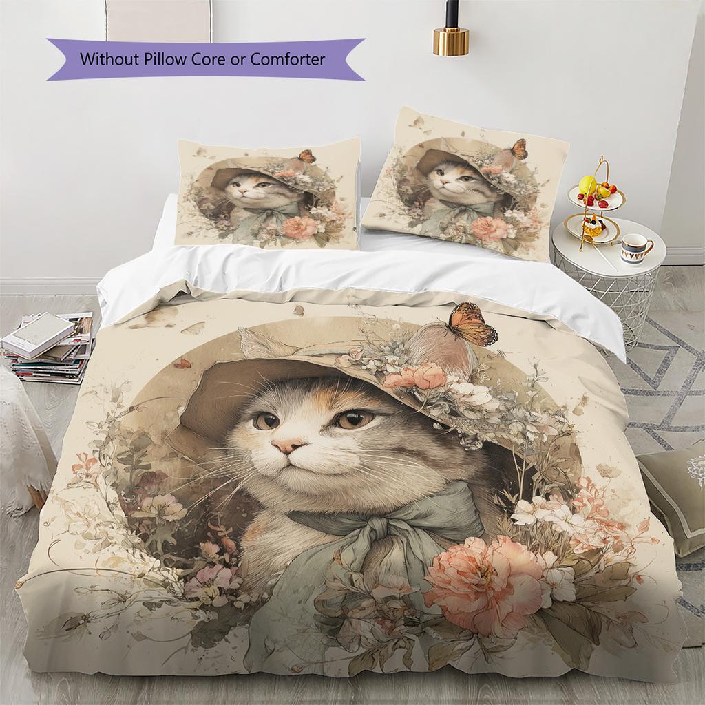 Cat with Vintage Hat Pattern Bedding Quilt Set Home Decoration Gift (1 * duvet cover + 2 * pillowcase, without core)