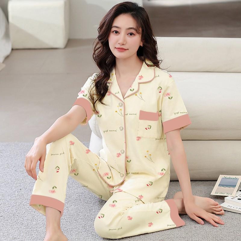 Womens Rose Print Pajama Set Short Sleeve Long Pants Plus Size Soft Cotton Blend Casual Loungewear Middle-aged Moms All