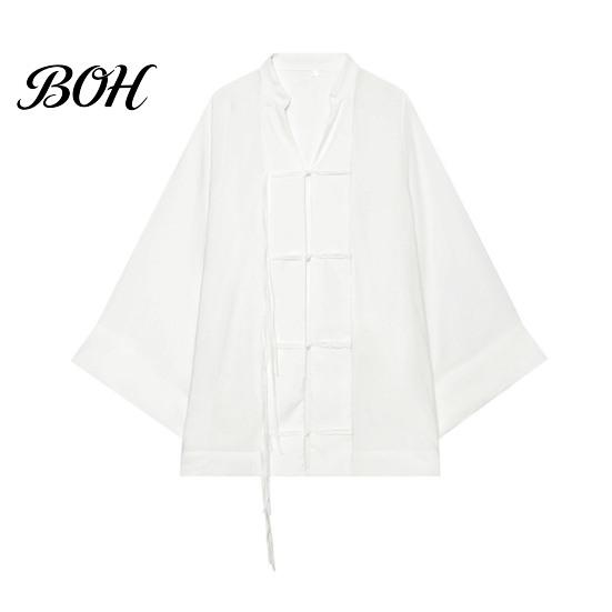 Durable Polyester Blouse Women Stand Collar Shirt, Chinese Frog Button for Early Meditation Clothing Fall, Loose Casual Solid Color Long Sleeve
