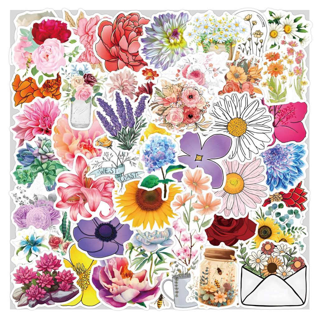 50 New Styles of Floral Flowers Doodle Stickers Decorative Notebook Guitar Suitcase Waterproof Stickers