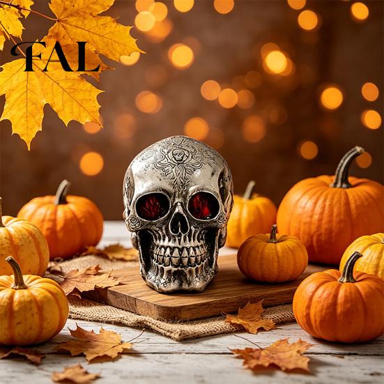 Holiday Gift for Horror Fans Resin Skull Figurine, Realistic Human Head Model, Spooky Halloween Gothic Style Interior Accents Statue Indoor Fireplace