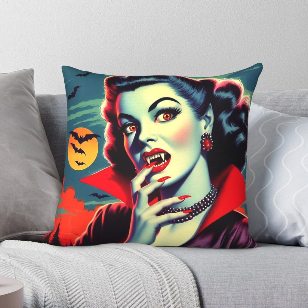 Vintage Vampire Woman Horror Square Pillowcase Polyester Linen Velvet Printed Zip Decor Pillow Case Home Cushion Cover