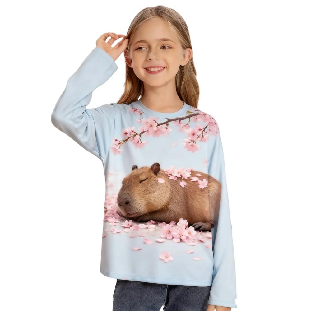 Spring and Autumn Round Neck Cartoon Capybara Pattern 3D Printed Top Fashionable Casual Long Sleeved Children's Girl T-shirts