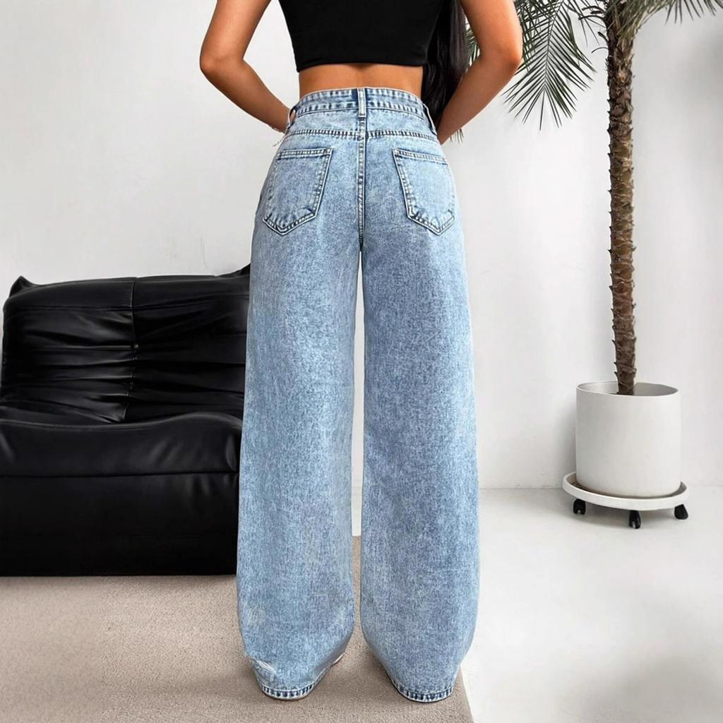 Women's High Waist Washed Women's Jeans Fashionable Versatile Straight Leg Pants