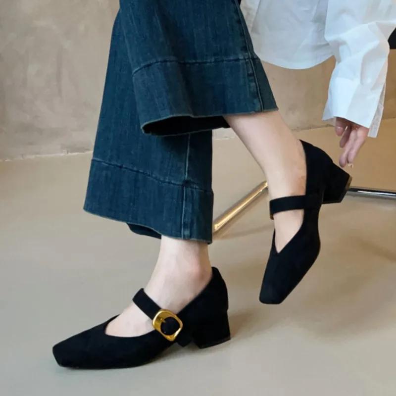 Women's Mary Janes Vintage Faux Suede Pumps Square Toe Dress Shoes 2024 Autumn Buckle Strap High Heels Ladies Shoes
