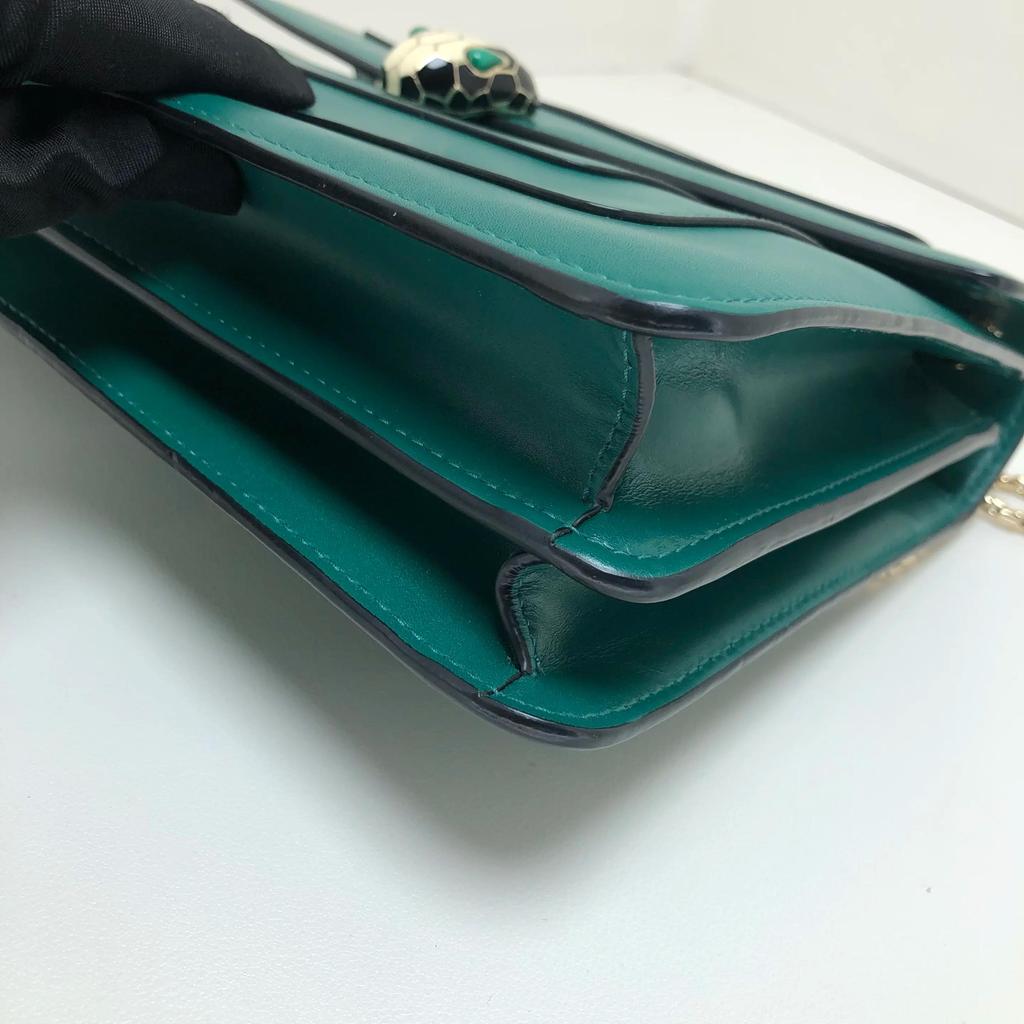[Pre-Owned] Serpenti Forever Black Enamel Snake Head Clasp Flap Leather Shoulder Bag Medium - Very Good #HOHR03