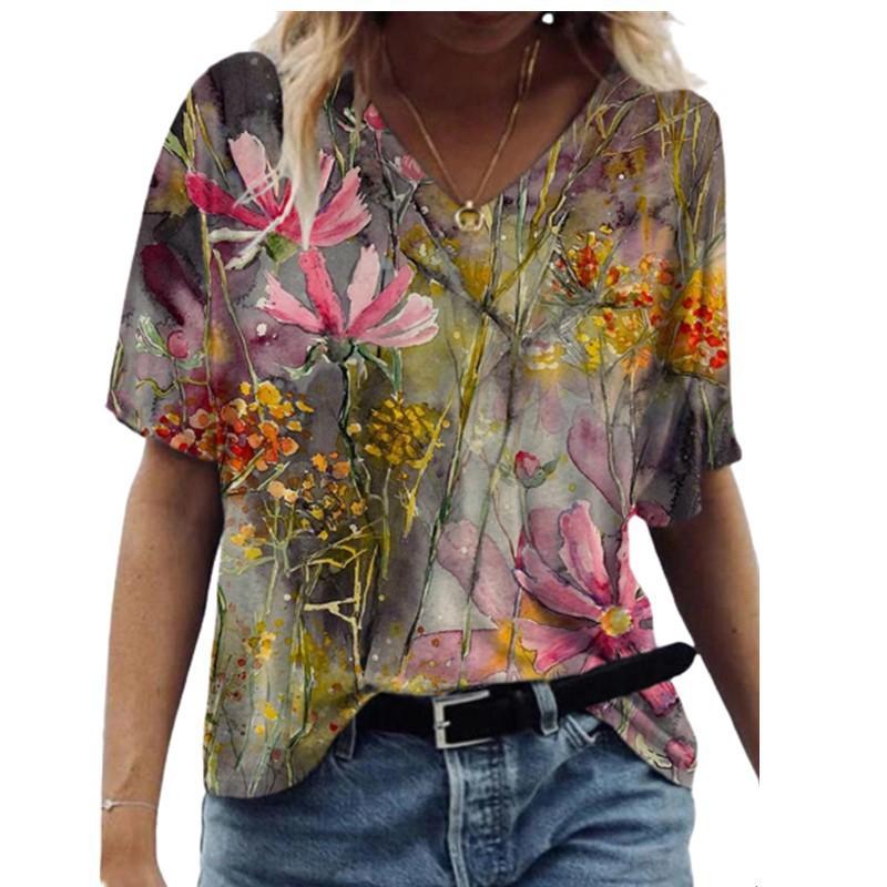 Women 3D Printed T Shirt Casual Summer Outfit Floral V Neck Tops Sportwear Short Sleeve T Shirts