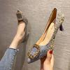 Fairy Style Temperament Pointed High Heels Female 2025 Autumn New Fashion Pleated Square Buckle Light Mouth Stiletto Shoes
