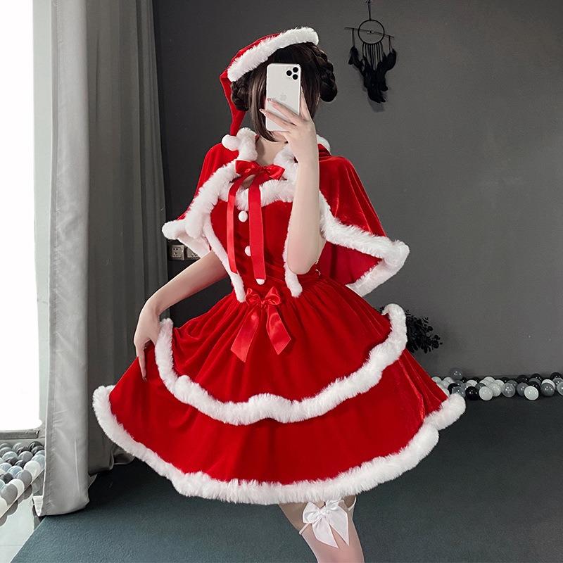 Christmas Wear Atmosphere Cos Clothes Female Sexy Red Velvet Suit Plush Jumpsuit Cape Suit