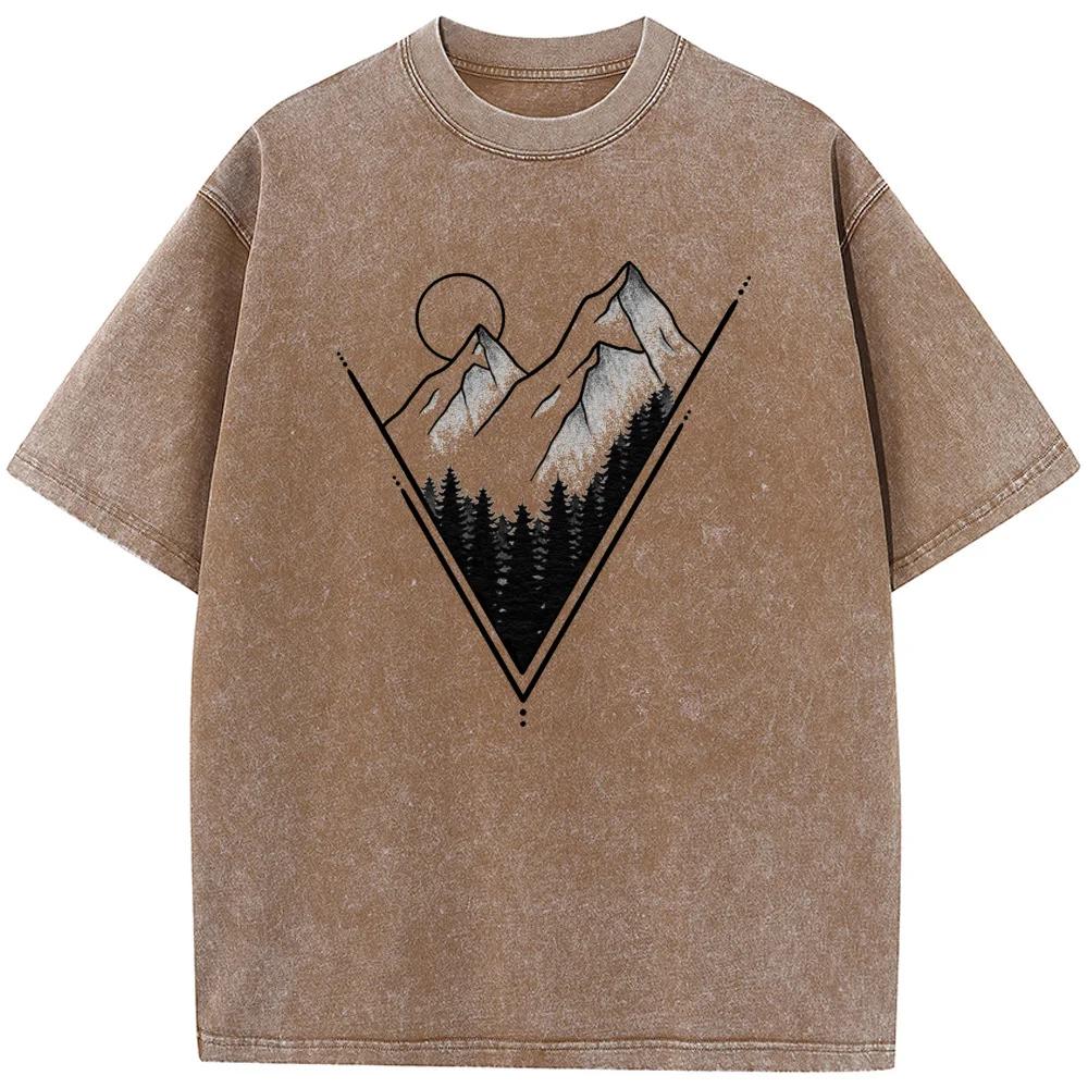 Геометрический горный закат Принт Футболка с коротким рукавом Мужская и женская Повседневная футболка Выстиранная состаренная футболка в старом стиле