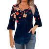 Women's Fashion Casual Pleated Round Neck Floral Print Three-Quarter Sleeve T-Shirt Top