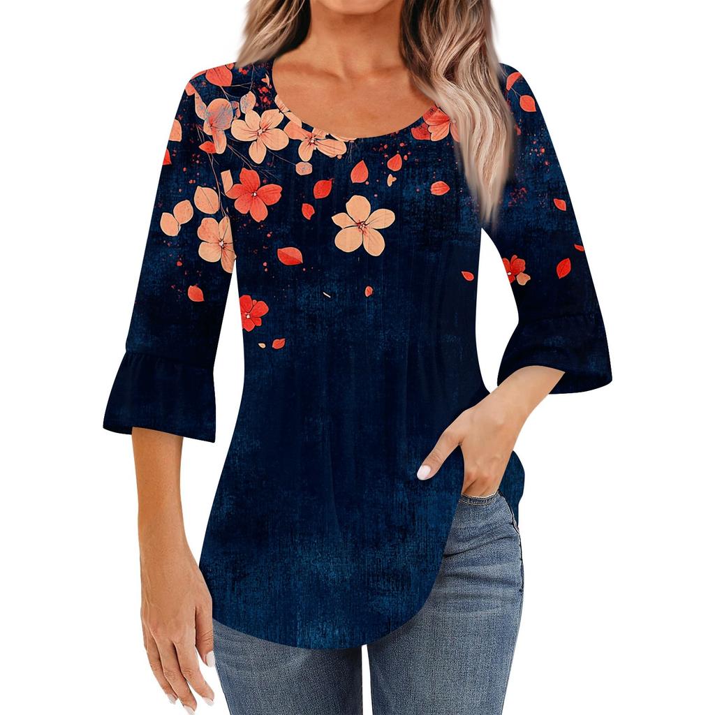 Women's Fashion Casual Pleated Round Neck Floral Print Three-Quarter Sleeve T-Shirt Top