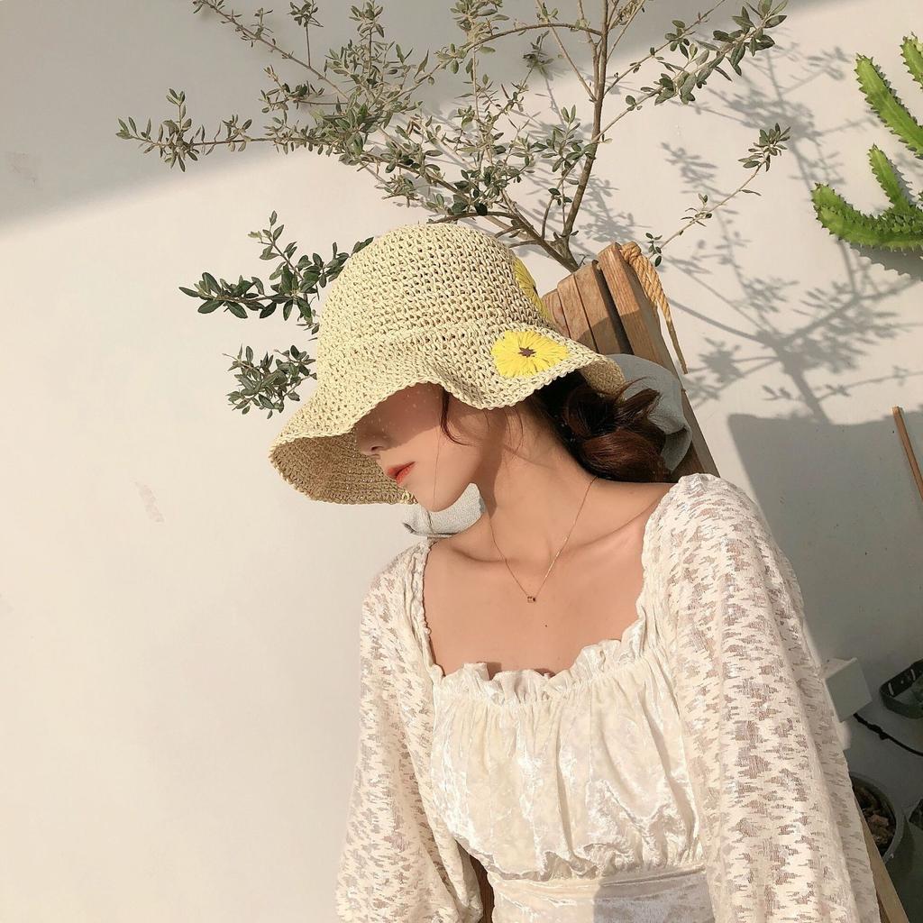 Подсолнух ручной работы крючком летняя соломенная шляпа для отдыха маленькая свежая женская универсальная дорожная соломенная шляпа-ведро