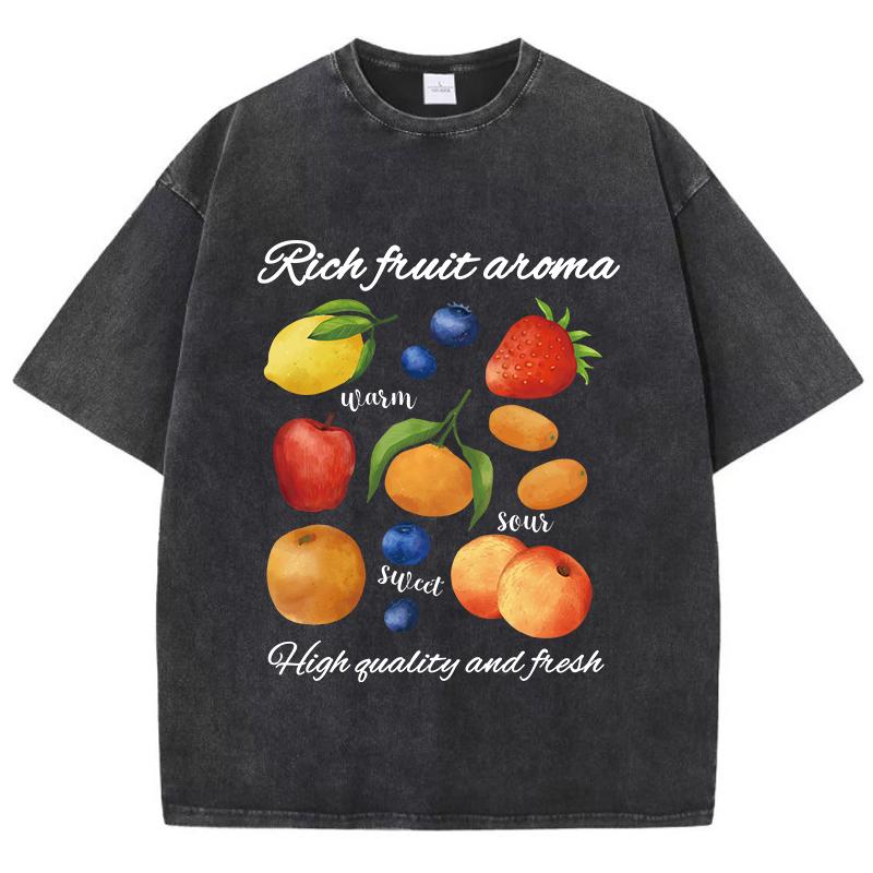 benber vintage Womans Washed T-Shirts Rich Fruit Aroma Printing Short Sleeve Cotton Crewneck Oversize Tops Vintage Female Clothes