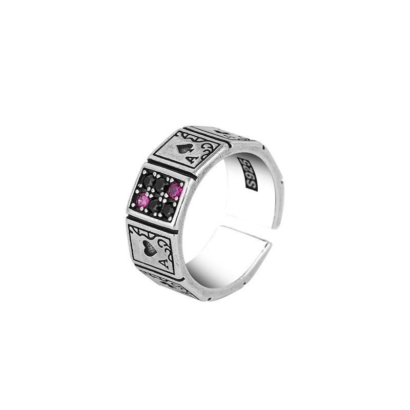 Exaggerated Personality Poker Design Shiny Crystal Retro Thai Silver Ladies Ring for Women Christmas Gifts No Fade