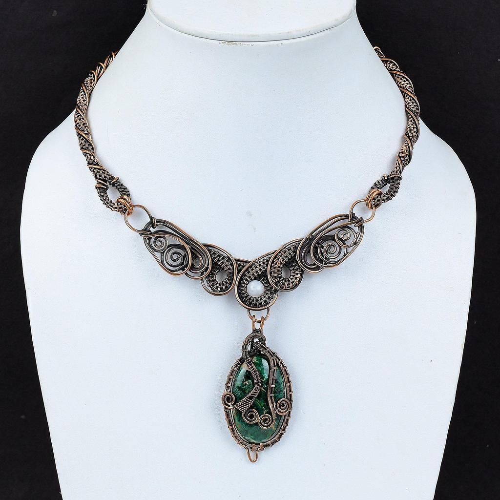 Ожерелье из куприта и хризоколлы, медная проволока, ожерелье из драгоценных камней, медная проволока ручной работы, ювелирные изделия, ожерелье из радужного лунного камня, подарок для мамы