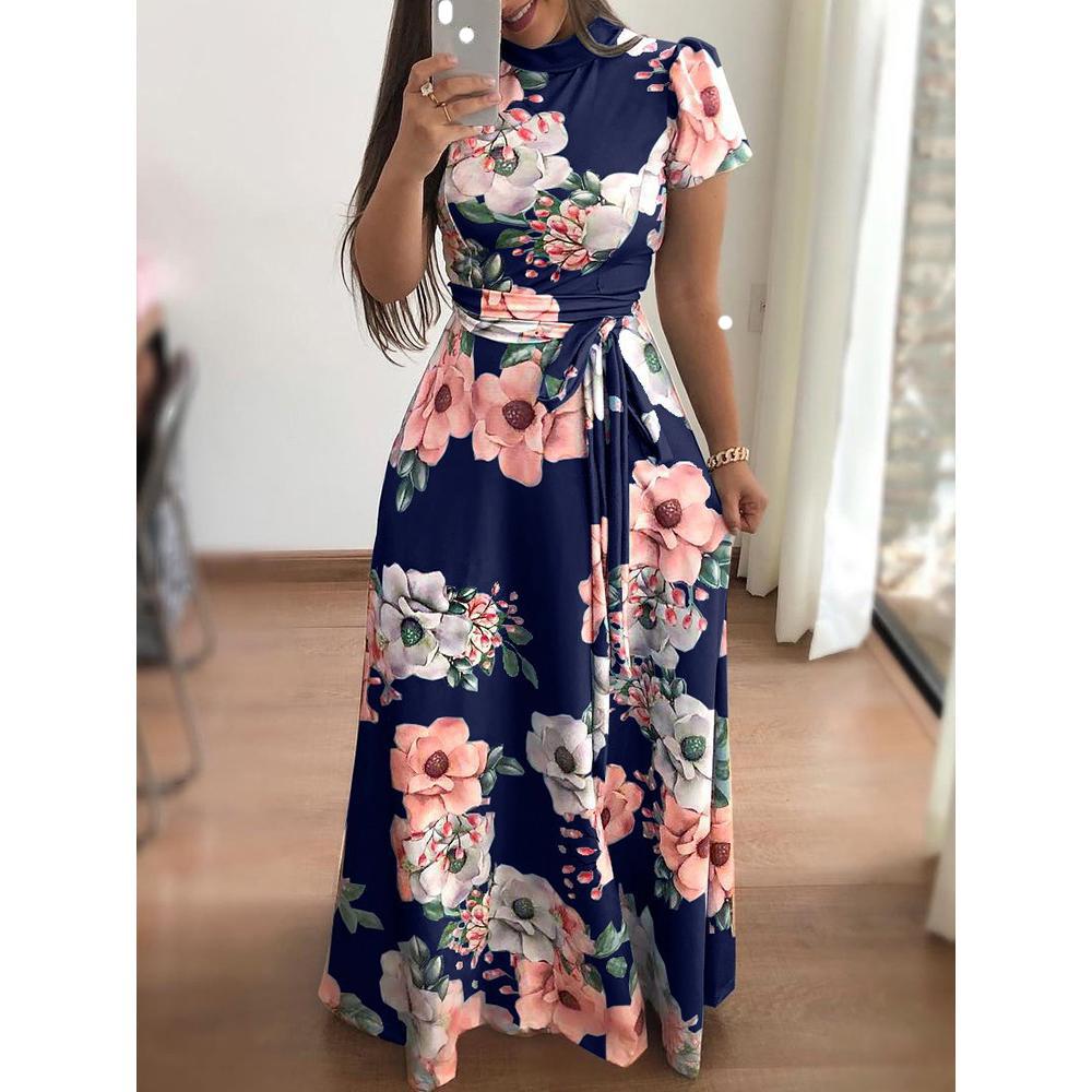 Autumn New Flower Print Short Sleeve Swing Dress Women's
