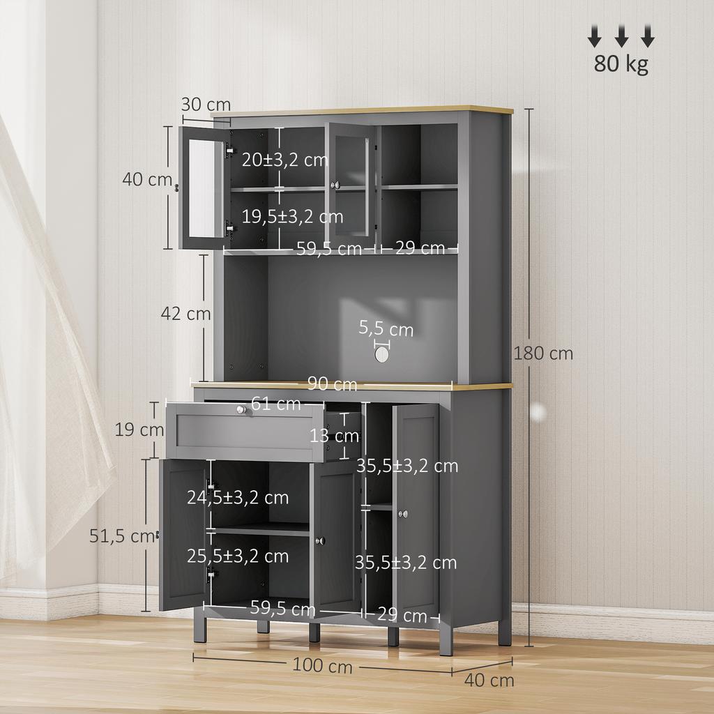 Kitchen cabinet sideboard, 5 doors, 2 glass doors, 1 drawer, 1 niche, 180 cm high, grey