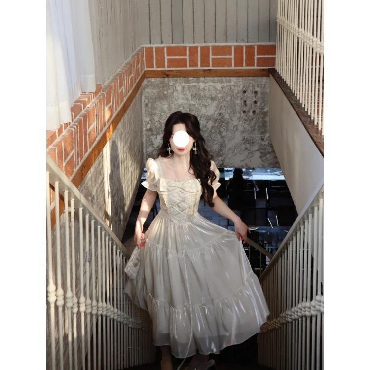 Элегантные женские платья с коротким рукавом, вечернее платье во французском стиле, тонкое повседневное однотонное платье с квадратным воротником и бантом, новое весенне-летнее платье