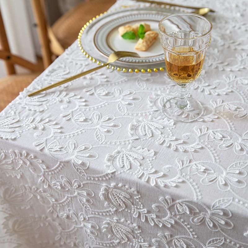Elegant French Style White Lace Tablecloth With Floral Embroidery Cotton Dining Table Cover Living Room Rectangular