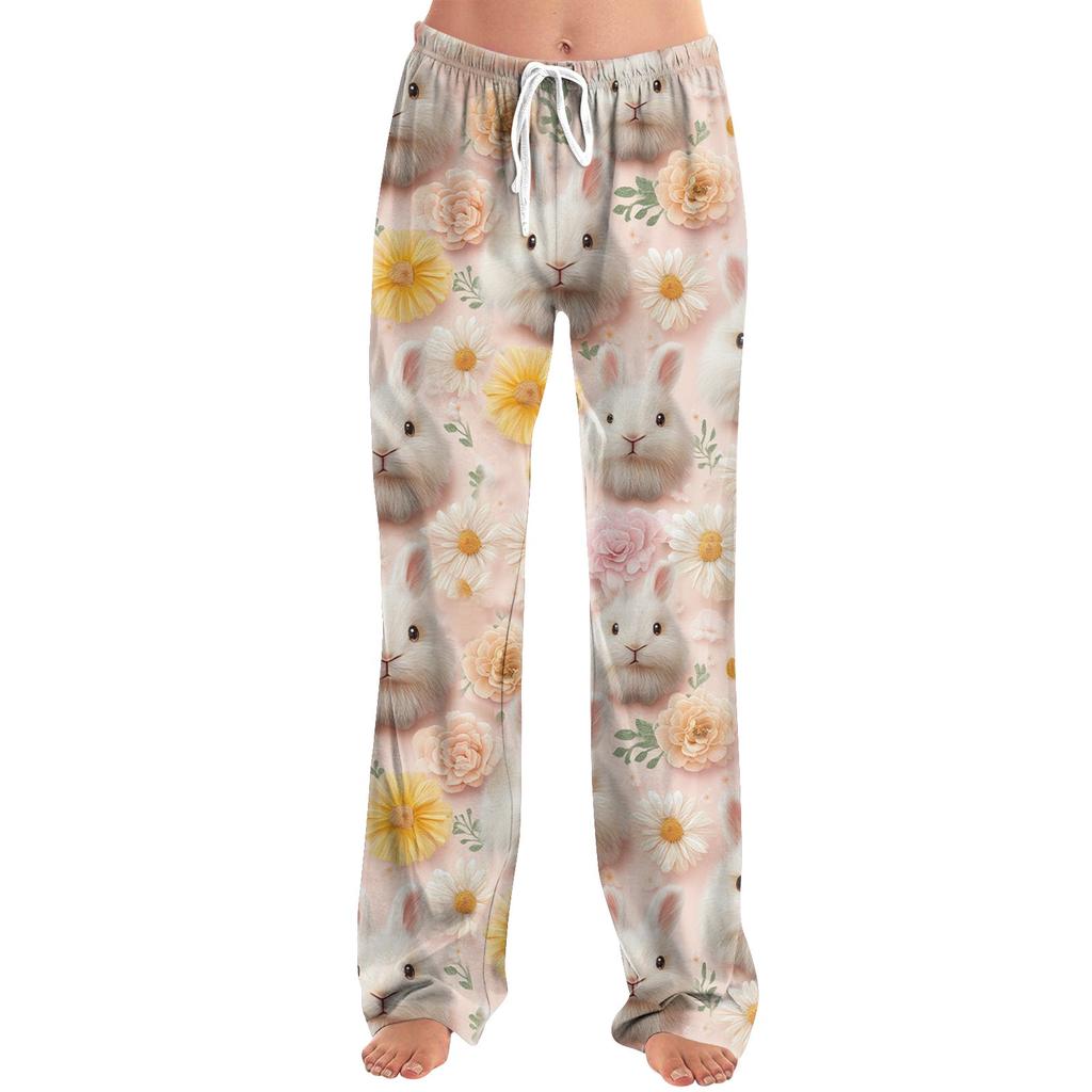 Womens Pajama Pants Sleepwear Casual Drawstring Elastic Waist Pants Comfy Straight Yoga Loose Trousers Easter