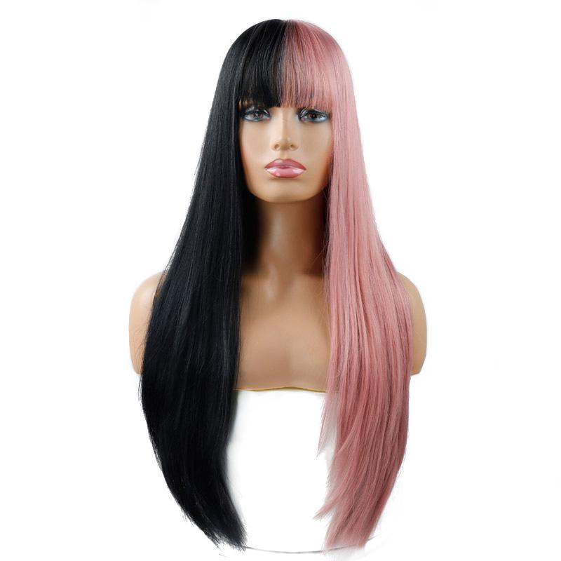 MISS WIG Длинный прямой парик Косплей Черный Серый Парик для женщин с челкой Парик из синтетического высокотемпературного волокна