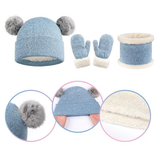 Детский зимний набор шапка, перчатки, шарф для девочек и мальчиков, утолщенный, на флисовой подкладке, вязаная шапка с помпоном, варежки, гетры для шеи, для малышей 3-6 лет