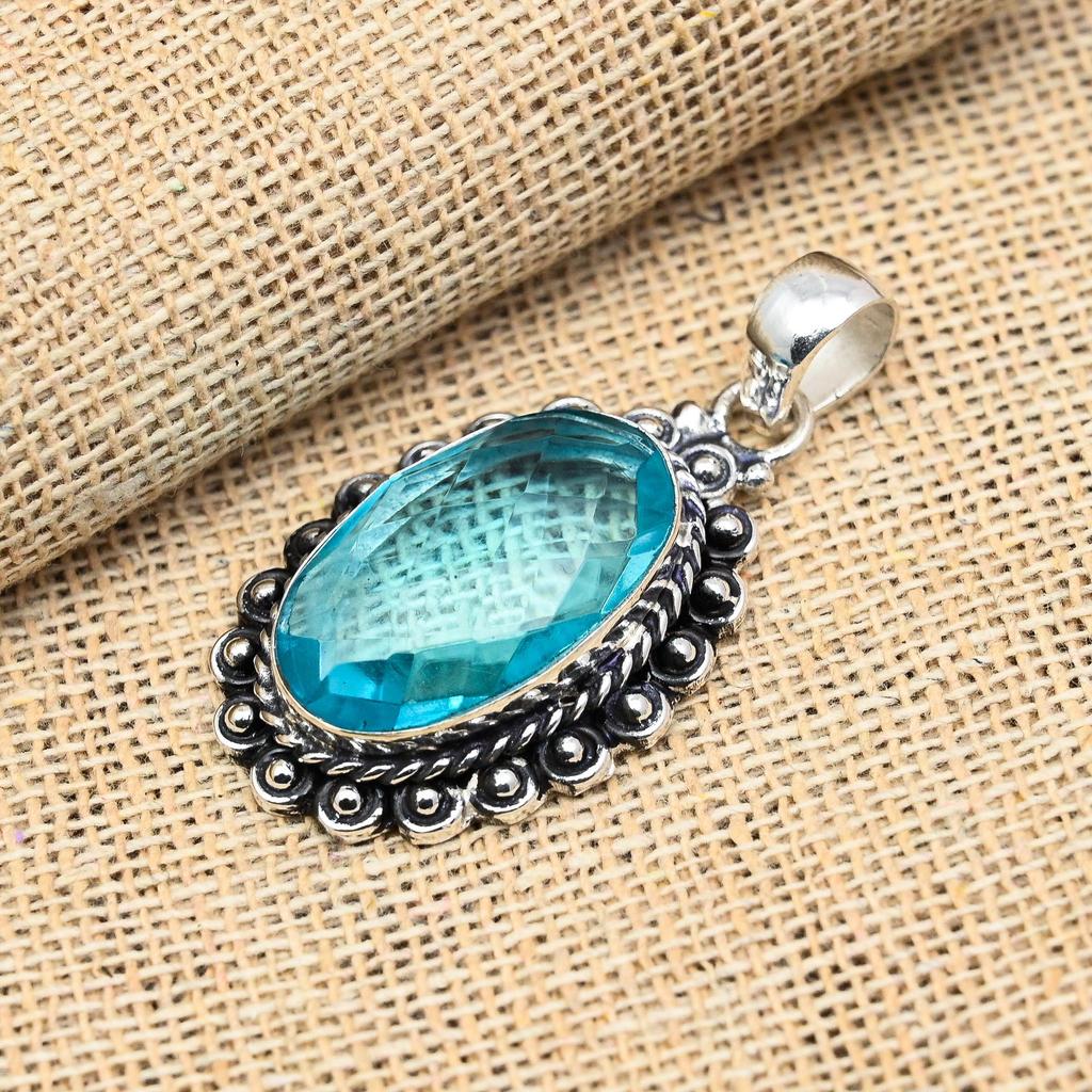 Glorious Blue Topaz Gemstone Handmade 925 Solid Sterling Silver Pendant For Wedding Gift