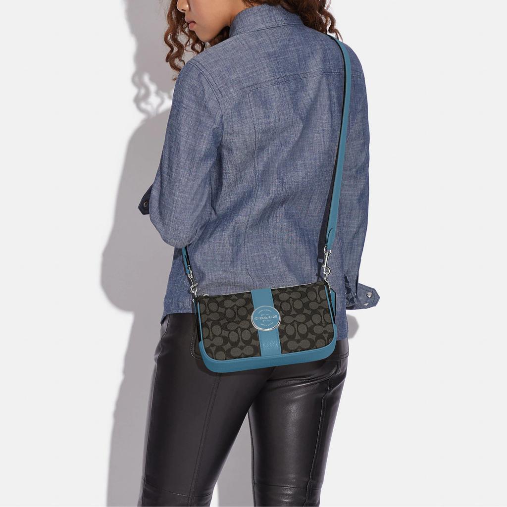 New COACH Lonnie Fabric With Cow Leather Shoulder Bag, Portable Crossbody Bag Women's Charcoal Black & Pacific Blue C8306-SVUQ3