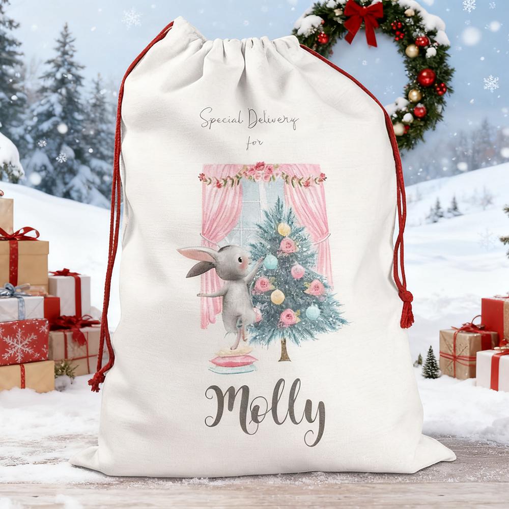 Personalized Christmas Sack Bunny Pink Large Girl's Christmas Eve Stocking Christmas Present Drawstring Bag Santa Sack New Year