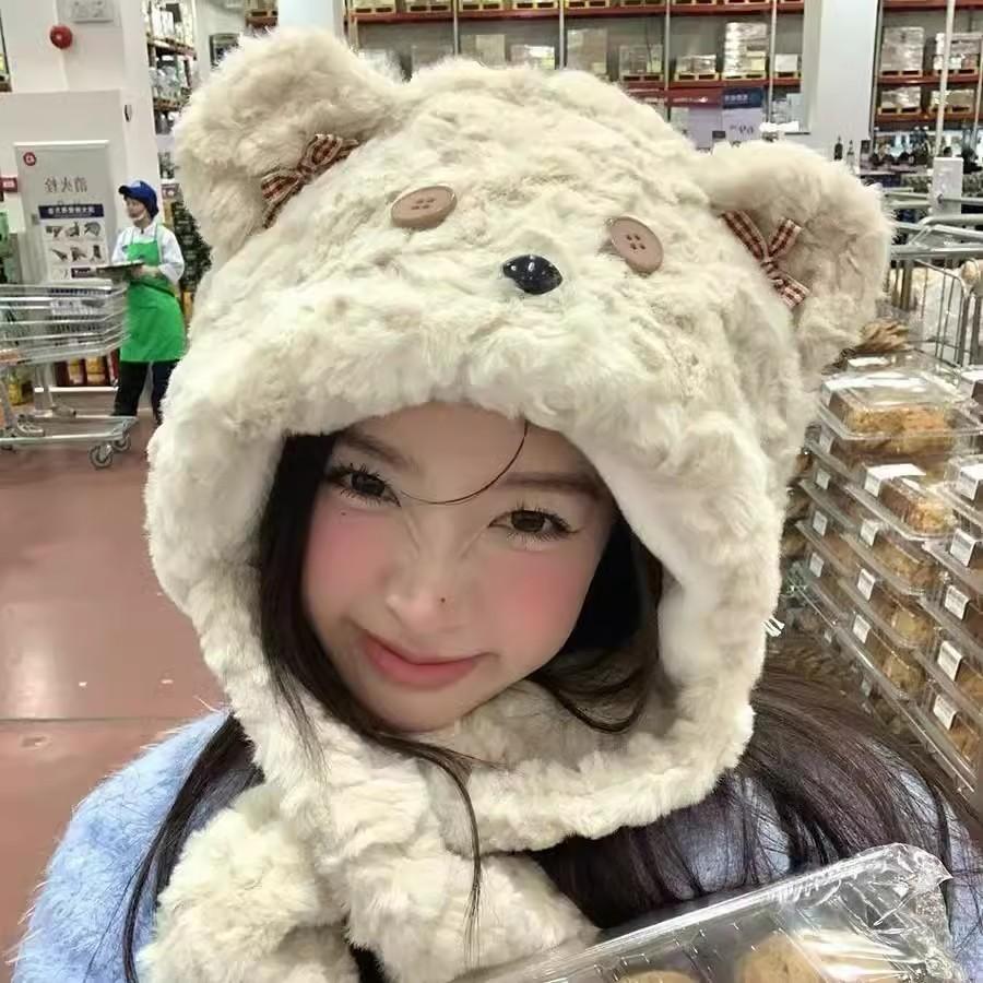 Cartoon Bear Plush Hat Autumn and Winter Scarf Hat Integrated Thickened Windproof Warm Scarf