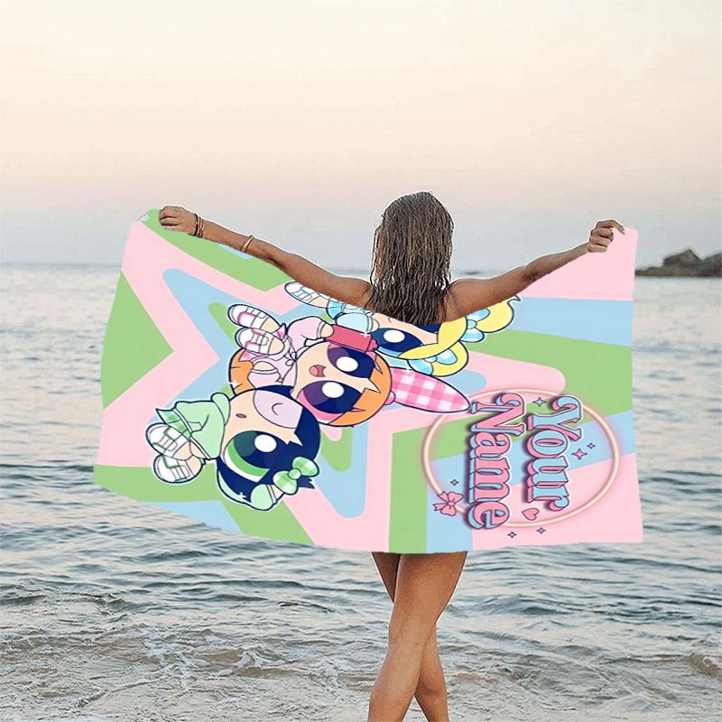 1pc Powerpuff Beach Towel with Custom Name, Beach and Seaside Swimming Pool Equipment, Fashion Pattern, Rectangular, Travel Essential