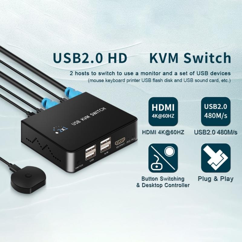 HDTV KVM Переключатель 2 входа 1 выход 4K 60 Гц Общий доступ к USB-клавиатуре и мыши Селектор-переключатель 4K 60 Гц Для ПК Ноутбука Офиса