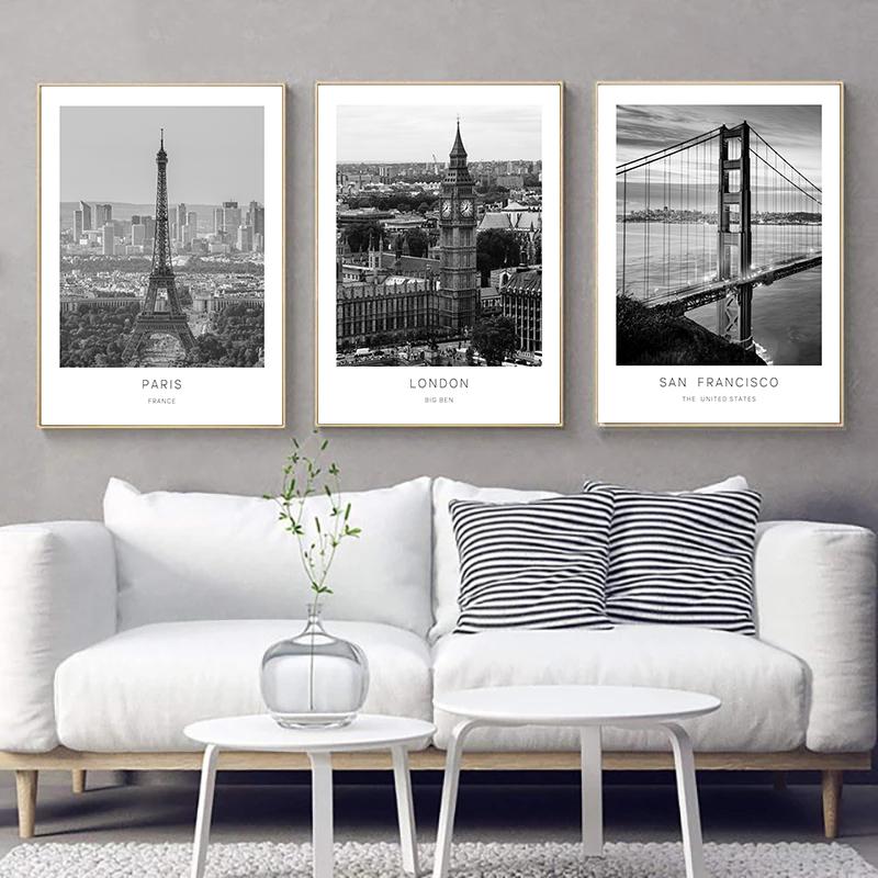Nordic Style Black White Paris London New York World City Landscape Canvas Painting Poster Prints Wall Art Picture Room Decor