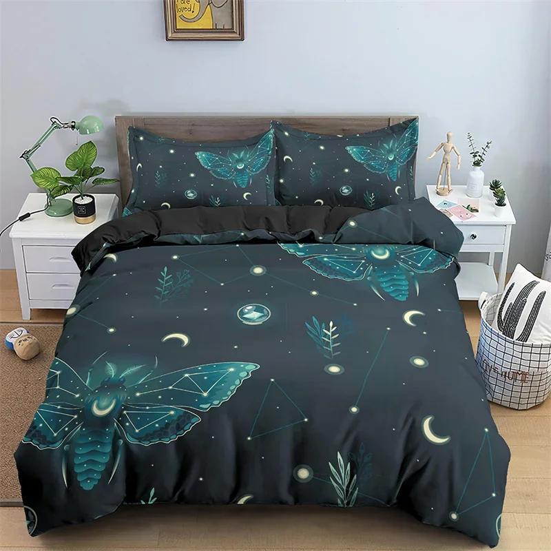 Butterfly Bedding Set Full King Size Hippie Boho Moth Duvet Cover Microfiber Animal Botanical Psychedelic Starry Sky Quilt Cover