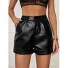 Fashion Women's Diagonal Pockets Casual PU Imitation Leather Shorts High Waist Stretch Shorts