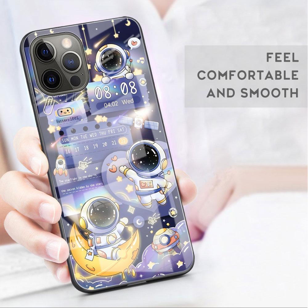 Мультяшный стеклянный чехол с космонавтом для Apple iPhone 14 13 11 12 Pro 7 XR X XS Max 8 6 6s Plus SE 2022 13Pro Закаленная крышка для телефона