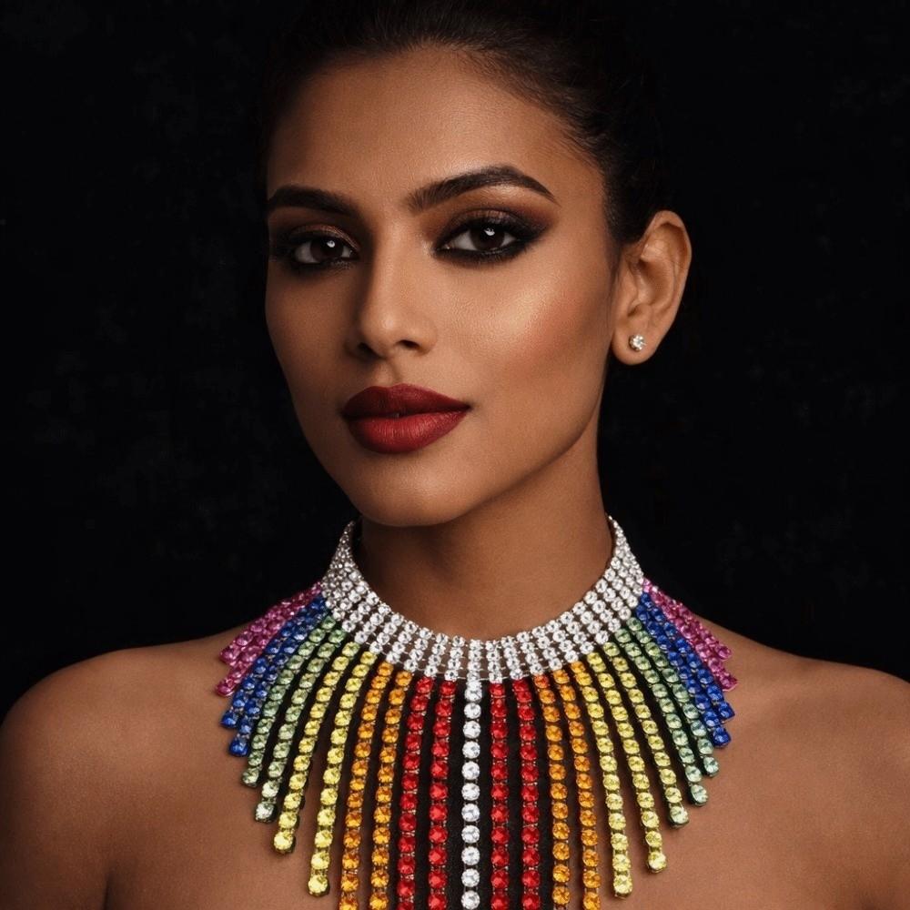 Vintage Rhinestone Crystal Necklace Shiny Ear Studs Luxury Rainbow Tassel Jewelry Set Girls