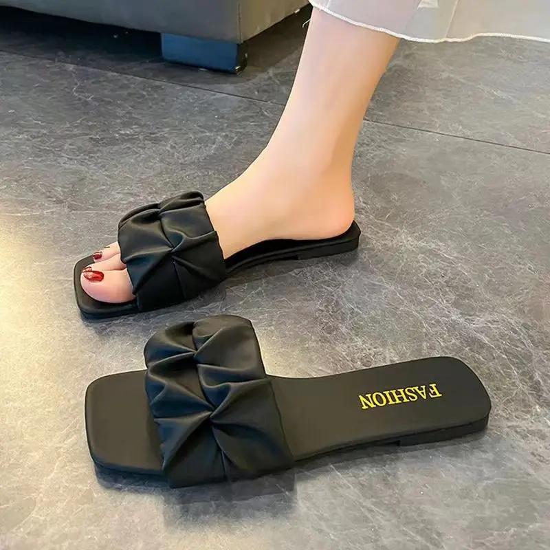 Модные популярные женские туфли 2024 года, летние, высокого качества, однотонные, с открытым носком, повседневные, на низком каблуке, удобные, для дома, женские тапочки