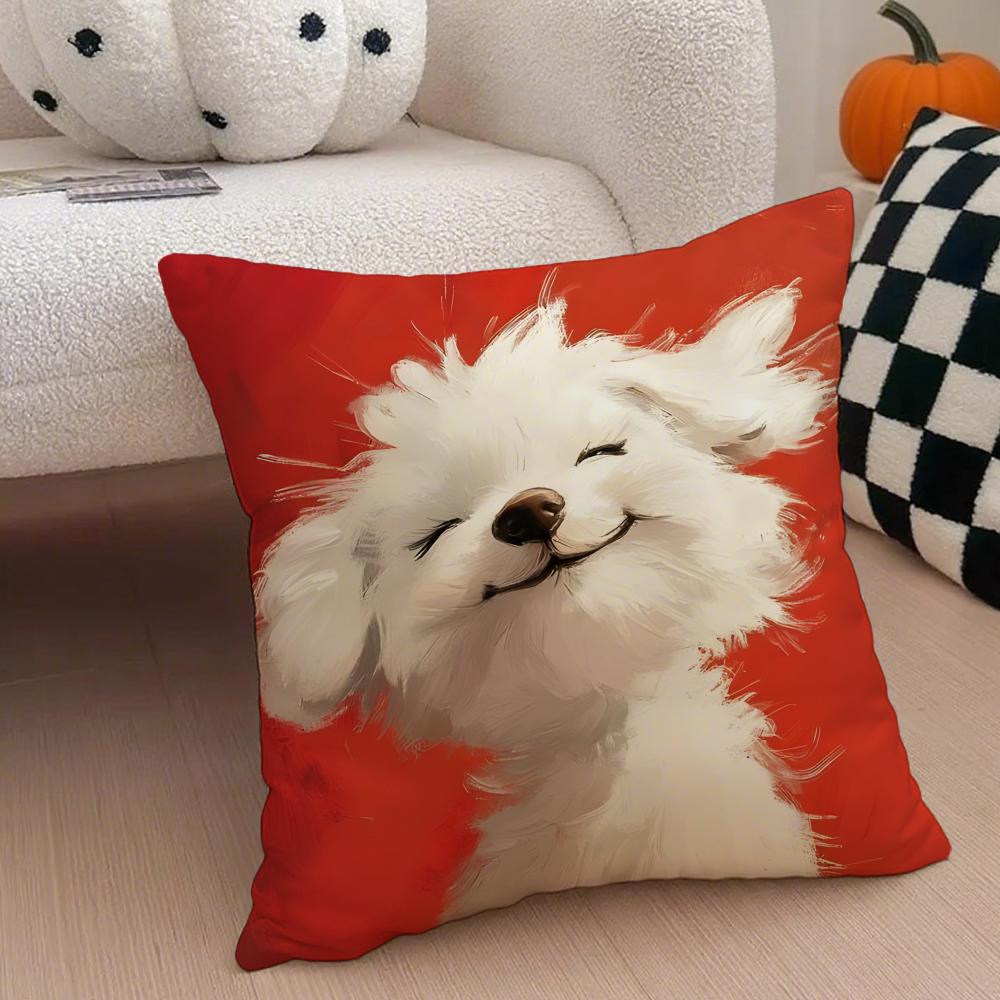 Cute Bichon Frise Pet Cushion Cover Throw Pillow Cover Hidden Button Durable Polyester Chair Cushion
