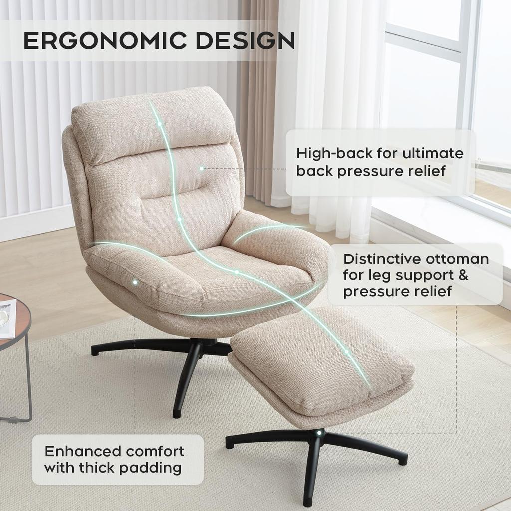 Chenille Swivel Accent Chair & Ottoman, High Back Reading Lounge Armchair, 360° Swivel Tilt Footrest for Living Room Bedroom, Be