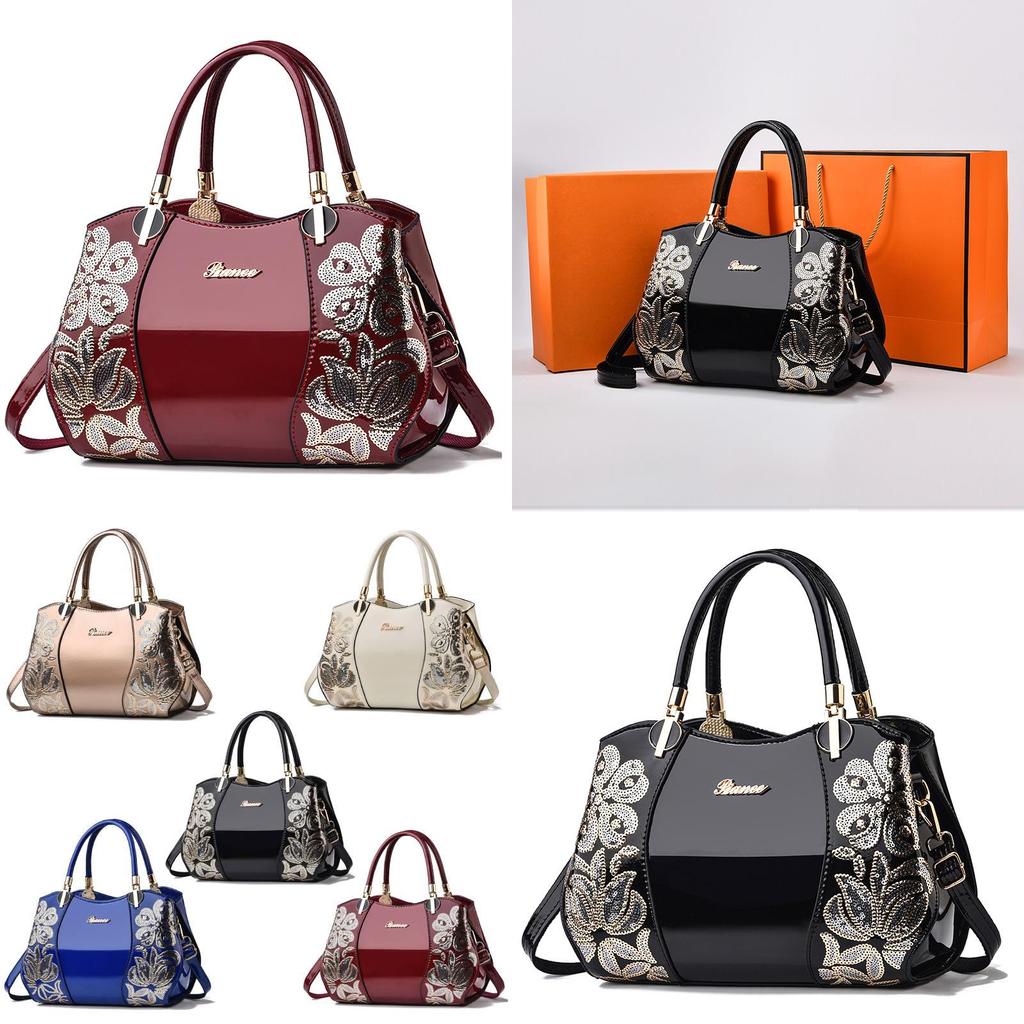 Stylish Middle-aged Women's Boston Big Atmospheric Lady Bag Patented Leather Mom Bag Large Capacity Handbag