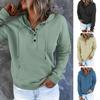 Women Fall Winter Hoodie Long Sleeve Loose Pullover Big Pocket Button Decor