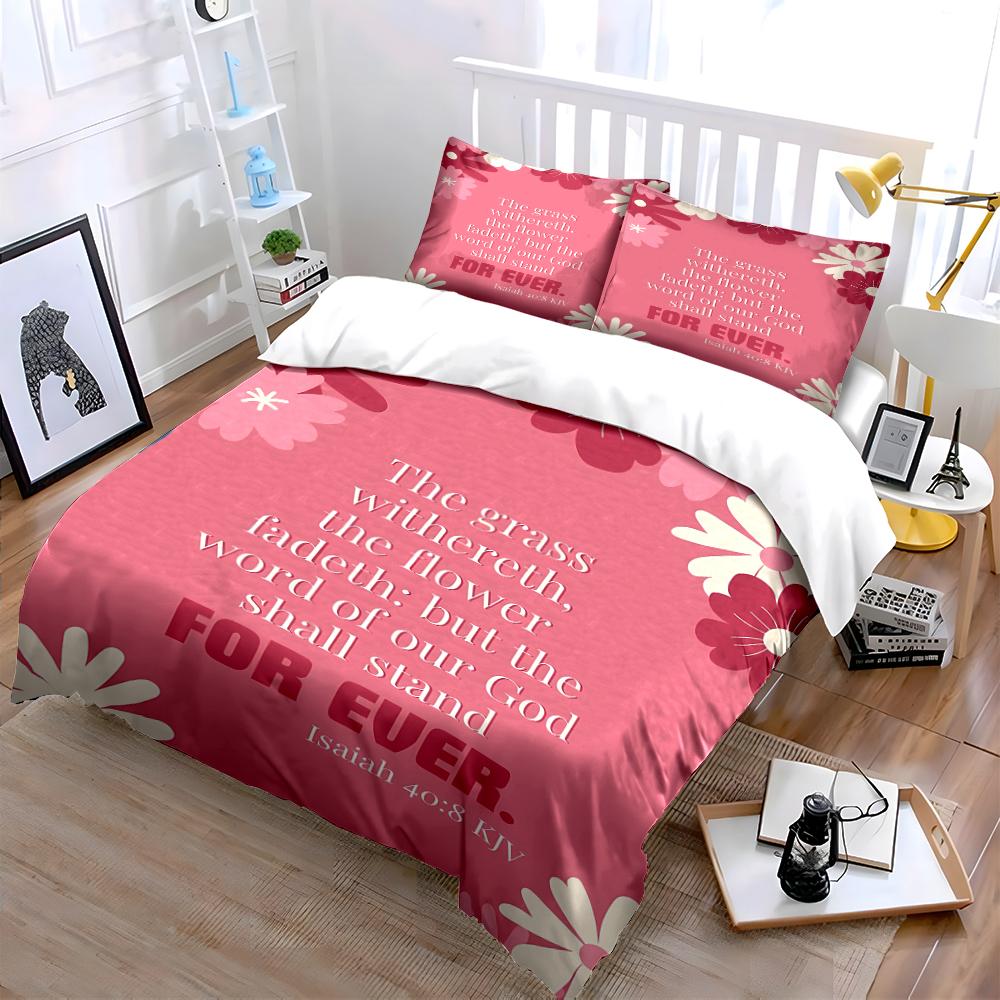 Bible Verse Floral Pink Bedding Set Bedding set (1 duvet cover, 2 pillowcases, duvet not included)