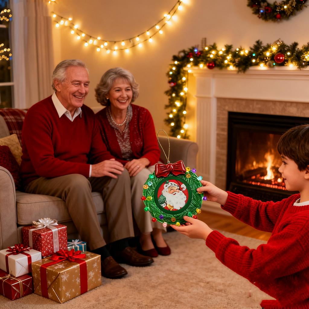 3D Christmas 3-inch Green Wreath Photo Frame, Lettering Decorations, Customizable 60-second Message.