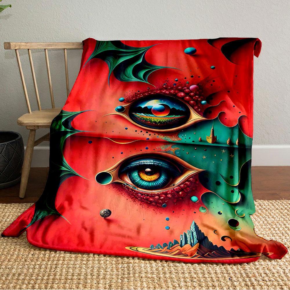 Two surreal, detailed eyes with vibrant colors surrounded by abstract forms. for all seasons blanket lunch break throw gift