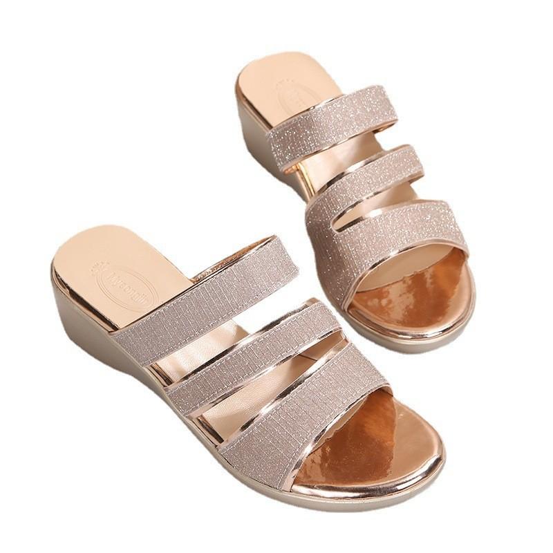 Women's Summer New Wedge Heel Sandals Women's Sequins Open Toe Roman Sandals Thick Sole Sandals