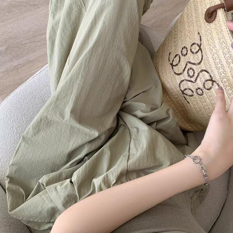 Летние брюки с высокой талией и широкими штанинами в корейском стиле для женщин - Ледяной шелк, Длина в пол