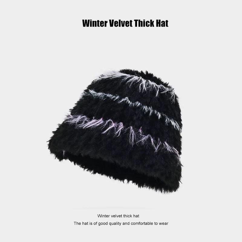Plush striped hat female face small knitted hat warm cute ear protection wool hat shopping big head circumference