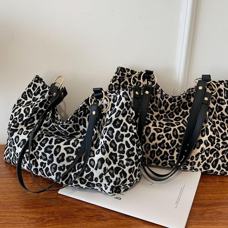 Женская сумка-тоут с леопардовым принтом, большая вместимость, на плечо, зимняя мода, вельветовая сумка